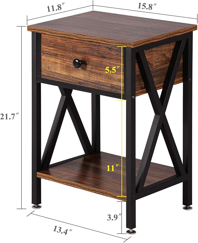 VECELO Modern Versatile Nightstands X-Design Side End Table Night Stand Storage Shelf with Bin Drawer for Living Room Bedroom, Brown+Black
