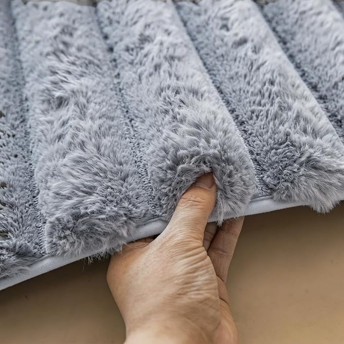 Blue Grey Rabbit Striped Plush Rug 2'x3', Fluffy Shaggy Area Rug - Image 3