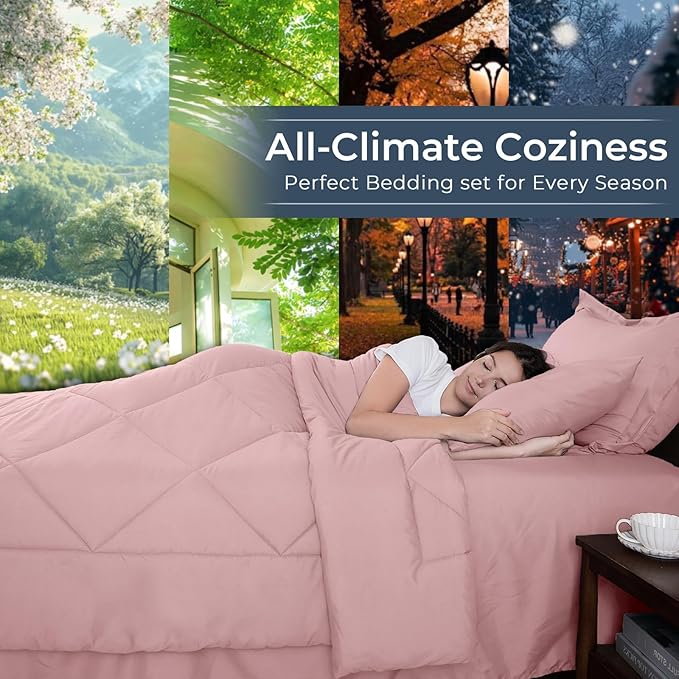 HEVUMYI Rose Gold Queen Comforter Set - 7-Piece All Season Bed in a Bag Queen, Ultra Soft Bedding Set with Comforter, Flat Sheet, Fitted Sheet, Pillowcases, Pillow Shams