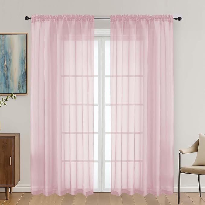 Blush Pink Sheer Curtains 72 Inches Long 2 Panels Set, Light Filtering Sheer by OVZME