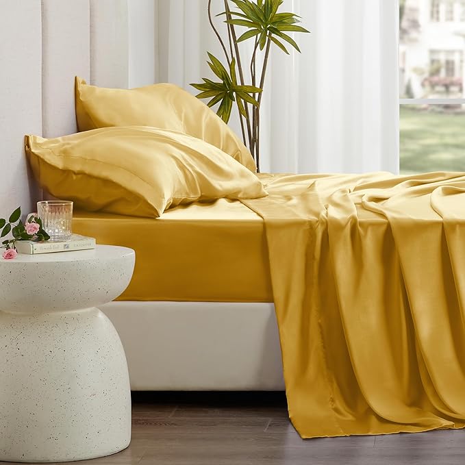 Love's cabin Satin Queen Sheets Set - 4 Piece Gold Silky Bed Sheets with Deep Pocket, Luxury Silk Feel Satin Queen Size Sheet Set (1 Flat Sheet,1 Fitted Sheet,2 Pillow Cases)