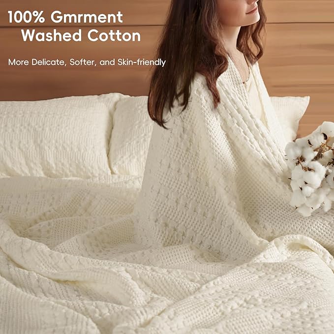 PHF 100% Cotton Waffle Blanket Oversized King 120"x120", Lightweight Breathable Extra Large 10'x10' Blankets for Bed, Giant Big Luxury Aesthetic Woven Bedding for Home Decor, Cannoli Cream