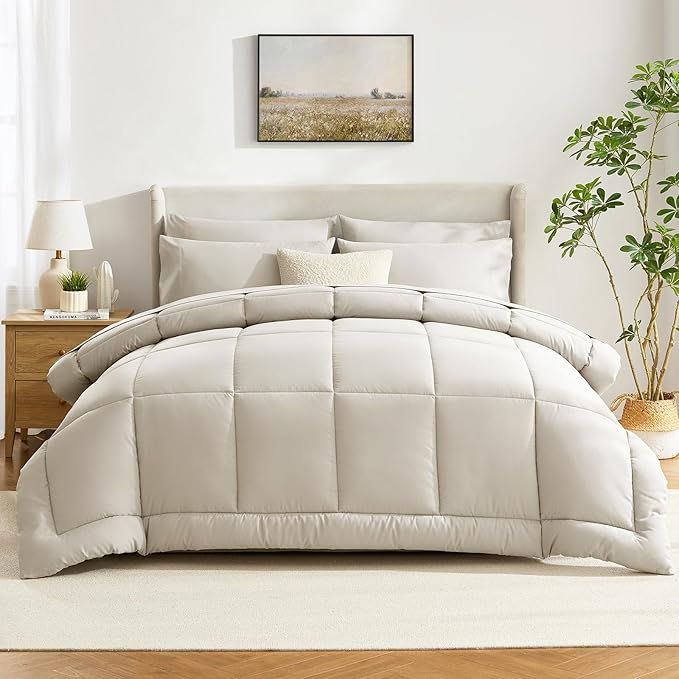 CozyLux Oversized King Comforter Sets Beige, 7 Pieces Bed in a Bag, Ultra-Soft All Season Bedding Sets with Stitch Quilted Comforter, Flat Sheet, Fitted Sheet, Pillowcases, Beige
