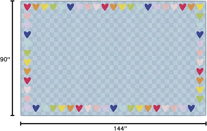 Flagship Carpets Schoolgirl Style Blue with Rainbow Hearts Border Educational Area Rug for Kids Room Seating Décor, Children's Classroom, Play Carpet for Teaching and Playroom, 7'6" x 12', Blue