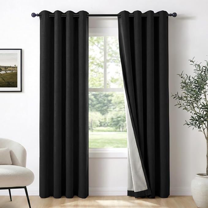 100% Blackout Linen Textured Curtains 108 Inch Long, Light Blocking, Thermal by 100BlackoutShield