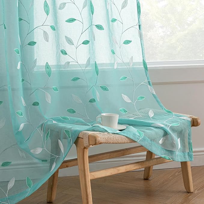 MIULEE Turquoise Sheer Curtains 2 Panels Leaf Patterned, W52 x L84 | by MIULEE