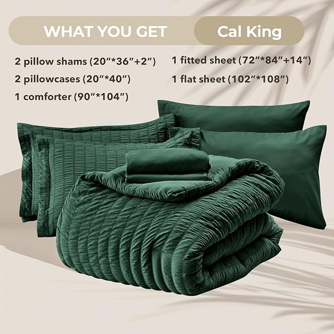HYMOKEGE Emerald Green California King Comforter Set Seersucker 7 Pieces, All Season Luxury Bed in a Bag for Bedroom, Bedding Set with Comforter, Sheets, Pillowcases & Shams