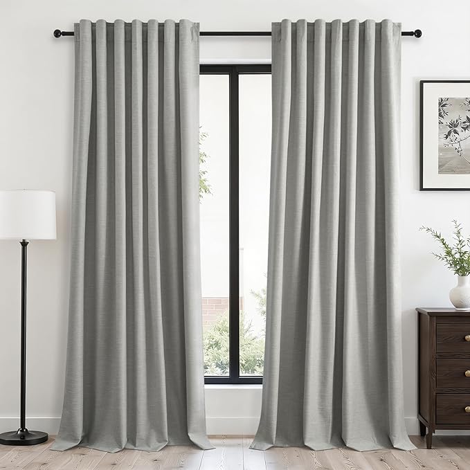 Grey Linen Blackout Curtains 95 Inch Long 2 Panels Back Tab Thermal Insulated by Topfinel