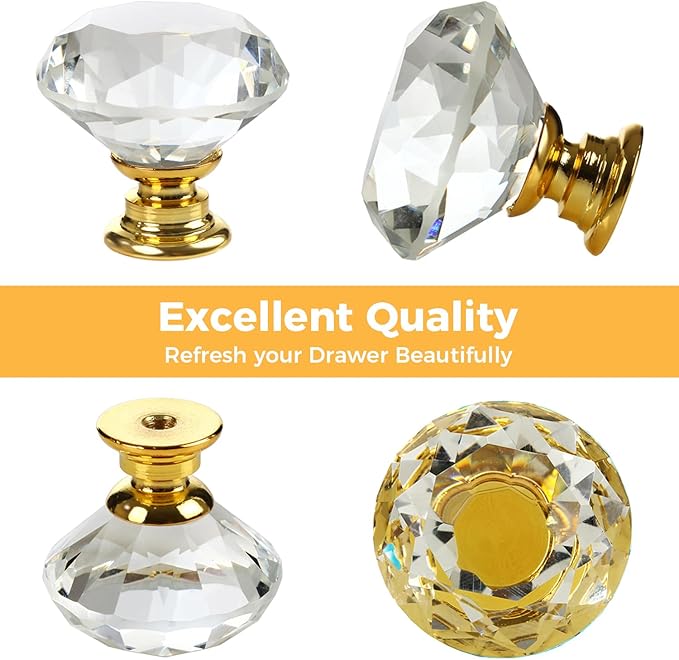 DEELF 26 Packs Kitchen Cabinet Knobs, 30 mm Crystal Cabinet Knobs Diamond Dresser Handle Drawer Pulls, Dresser Knobs for Cabinets and Drawers, Gold Base