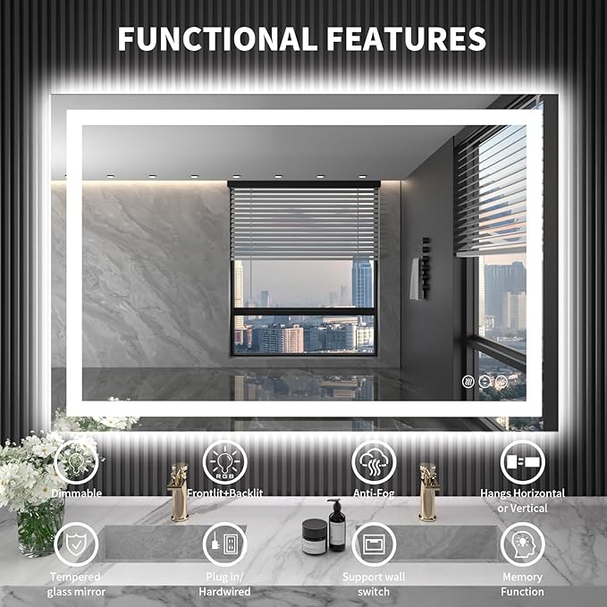LOAAO 48X36 LED Bathroom Mirror with Lights, Anti-Fog, Dimmable, Backlit + Front Lit, Lighted Bathroom Vanity Mirror for Wall, Shatter-Proof, Memory Function, ETL Listed