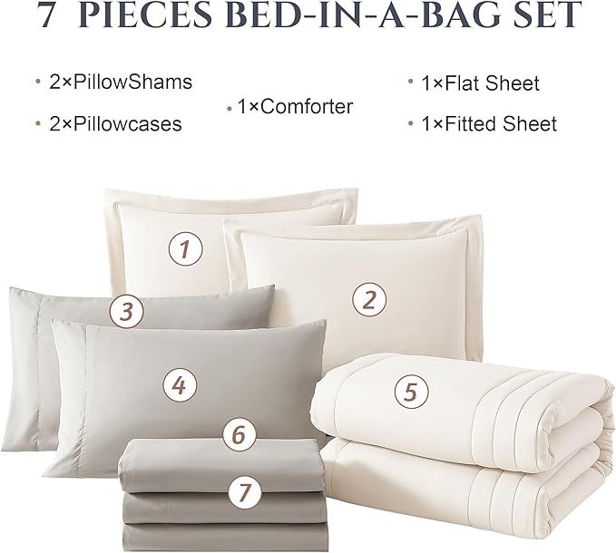 Monbix Full Comforter Set - 7 Pieces White Bed in a Bag Full Size Bedding Sets with Comforters, All Seasons Down Alternative Comforter with Sheets,Pillowcases & Shams