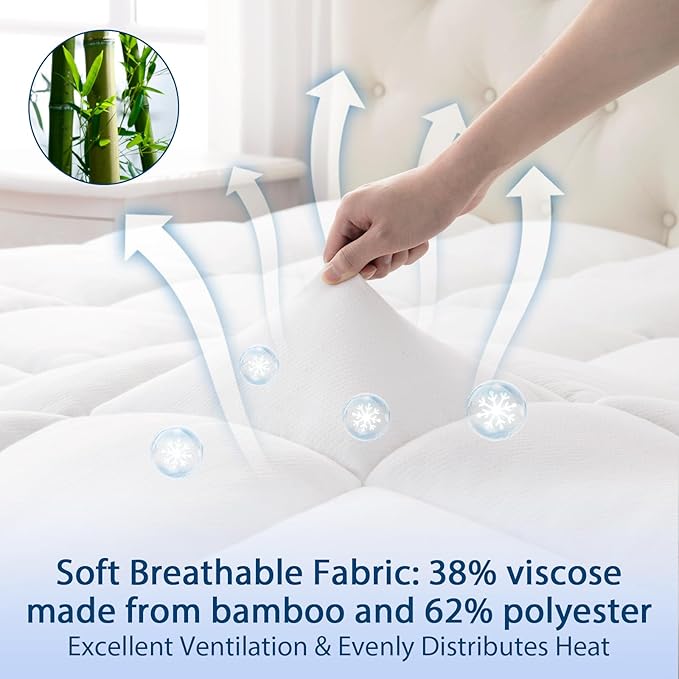 ELEMUSE King Cooling Bamboo Viscose Mattress Topper for Back Pain, Extra Thick Mattress Pad Cover, Plush Soft Pillowtop with Elastic Deep Pocket, Overfilled Down Alternative Filling