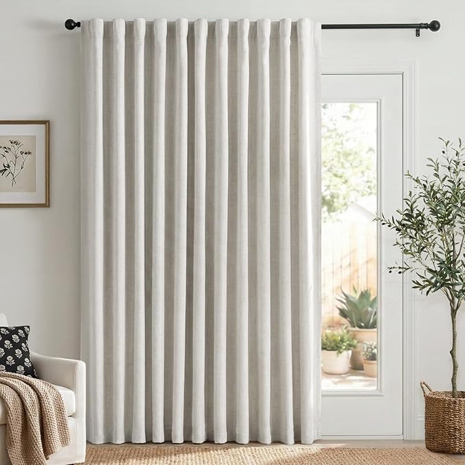 Linen Textured Total Blackout Sliding Door Curtains 108 Inches Long, Thermal by 100BlackoutShield