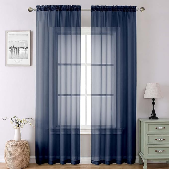 Navy Blue Sheer Curtains 90 Inches Long 2 Panels, Light Filtering Voile Airy by Lecloud