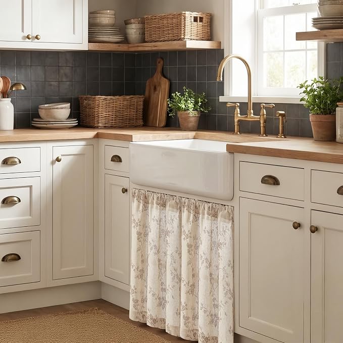Taupe on Beige Linen Kitchen Curtains Rod Pocket 26W X 36L 2 Panels | Elisa - Image 2