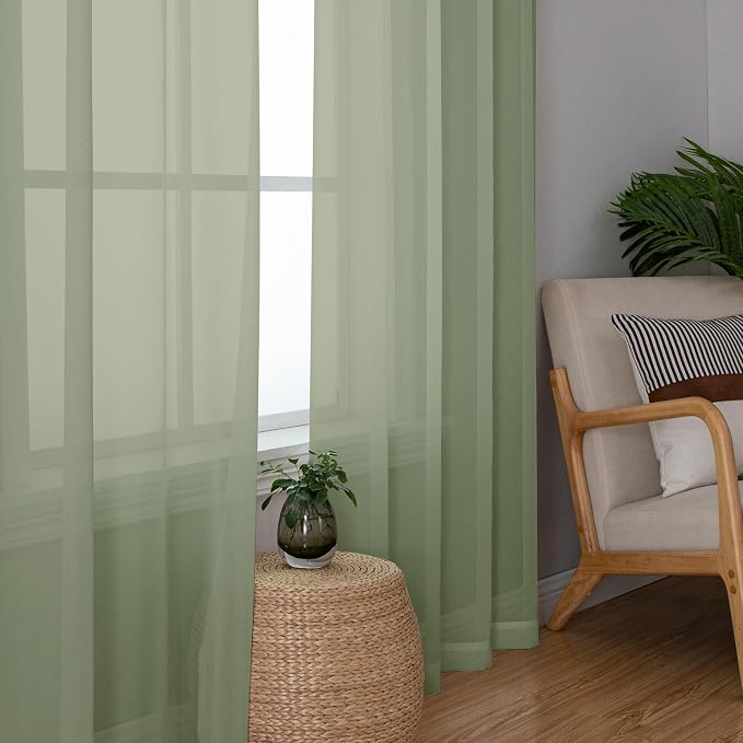 Chyhomenyc Sheer Curtains 63 Inch Length 2 Panels, Sage Green | Light Filtering - Image 6