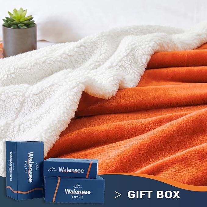 Walensee Sherpa Blanket (Throw Size 60”x80” Orange) Super Soft Fleece Plush Blankets for Bed, Couch, Sofa, Fuzzy Warm Cozy Microfiber Flannel Lightweight Throw Blanket for Adults, Man, Woman