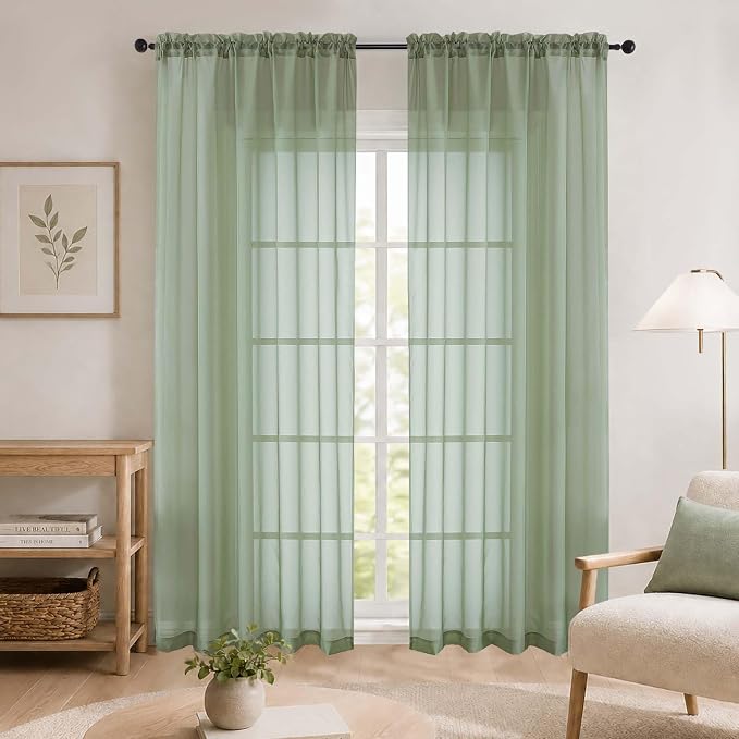 Sage Green Sheer Curtains 84 Inches Long 2 Panels Set by WelvetBLK