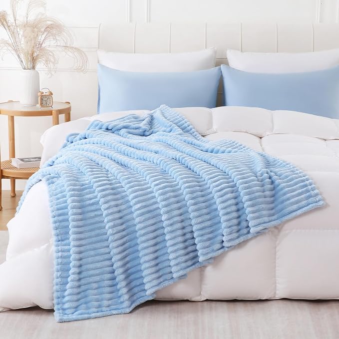 Light Blue Throw Blanket for Couch Sofa 60x80 inches Striped Design | Fleece - Image 6