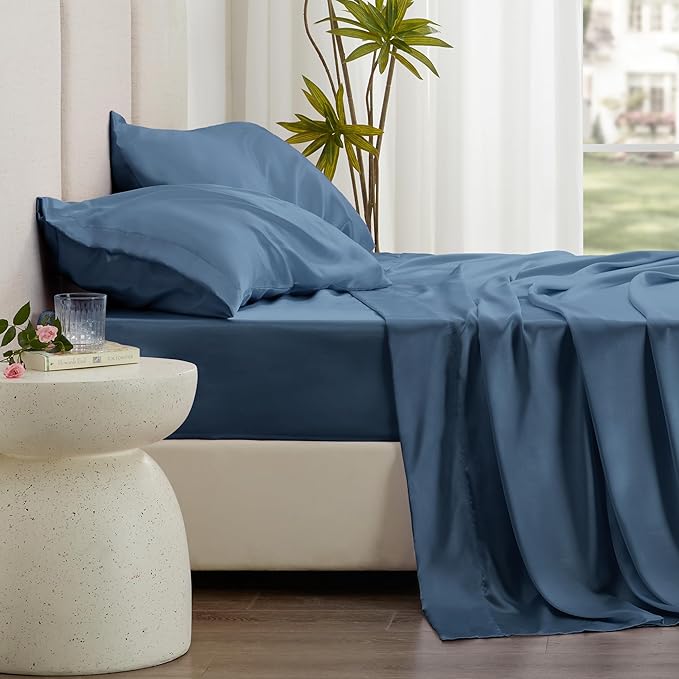 Love's cabin Twin Satin Sheets Sets - 3 Piece Ash Blue Silky Bed Sheets with Deep Pockets, Luxury Silk Feel Satin Twin Size Sheet Set Bedding Set (1 Flat Sheet,1 Fitted Sheet,1 Pillow case)
