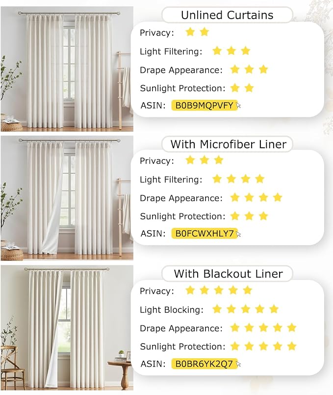 Vision Home Natural Pinch Pleated Full Blackout Curtains Linen Blended Room - Image 7