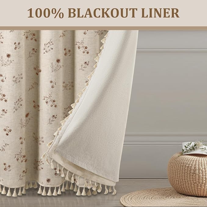 Boho Floral 100% Blackout Curtains 84 Inch 2 Panels Brown | Farmhouse Vintage - Image 6
