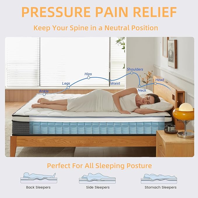 Queen Mattress, 10 Inch Queen Size Mattress in a Box, Memory Foam Hybrid Mattresses with Individual Pocket Spring for Motion Isolation & Silent Sleep, Pressure Relief, Medium Firm