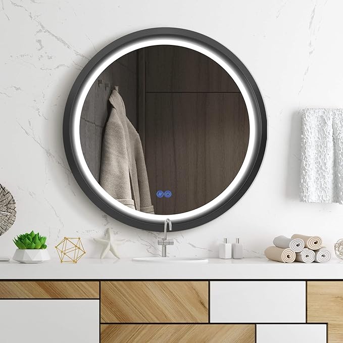 Round LED Mirror 24 Inch for Bathroom, Black Metal Frame Lighted Vanity Mirror,Wall Mounted Circle with Lights,6000K Anti-Fog & Dimmable Touch Button