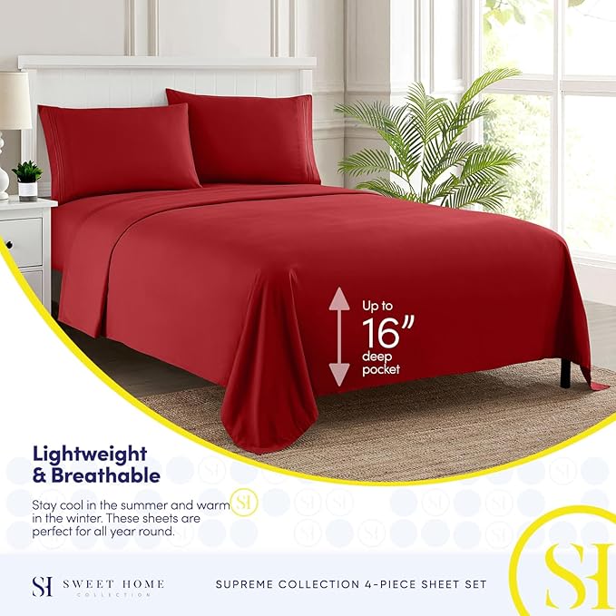 RV Queen Bed Sheets - Breathable Luxury Sheets with Full Elastic & Secure Corner Straps Built In - 1800 Supreme Collection Extra Soft Deep Pocket Bedding Set, Sheet Set, RV Short Queen, Red