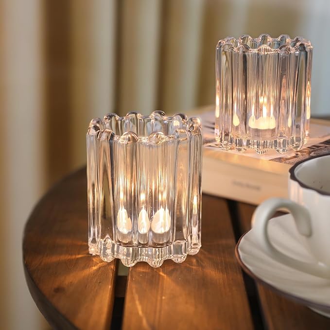 Glass Clear Votive Candle Holder, Ribbed Votive Candle Holders Set of 6, Tealight Candle Holder for Wedding Centerpieces Dinner Party Table Decor
