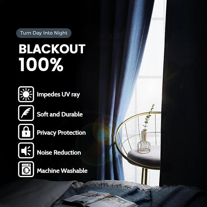SimpleHome Navy Blue 100% Blackout Curtains Room Darkening Living Room 63 | - Image 3