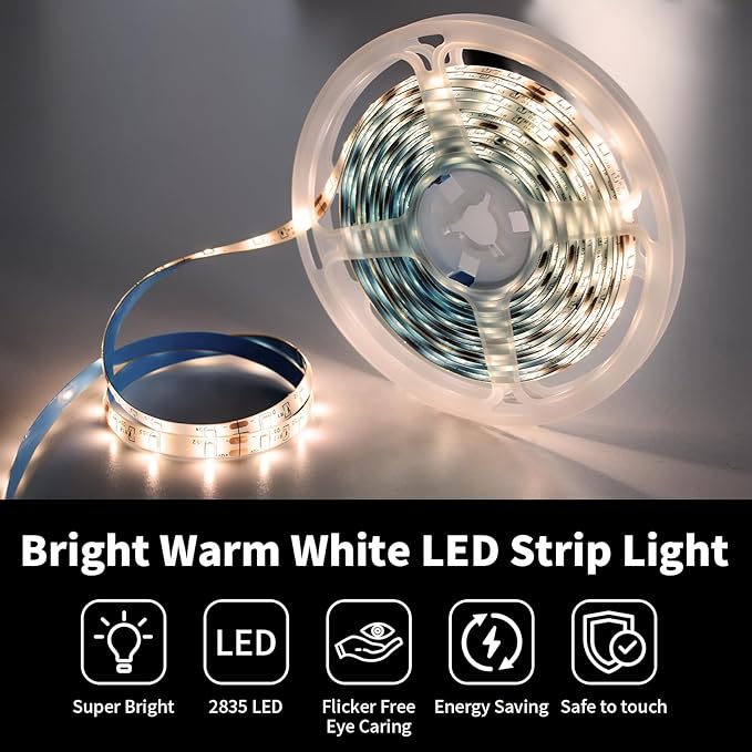 iNextStation 12V LED Light Strip IP65 Waterproof Warm White LED Strip Lights 16.4ft/5m Cuttable 300 SMD 2835 LED Tape Flexible Led Lights for Bedroom Outdoor Indoor Decor (Power Adapter not Included)