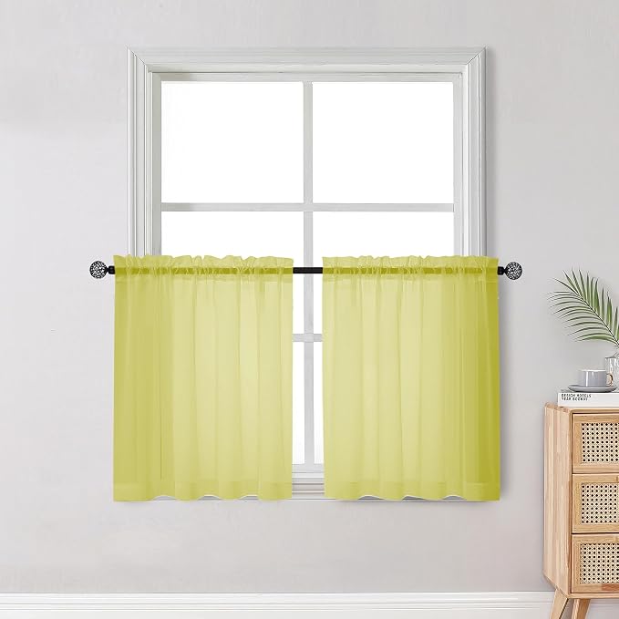 Short Lemon Sheer Curtains 30 Inch Length 2 Panels Set, Kitchen Curtains Tiers by OWENIE