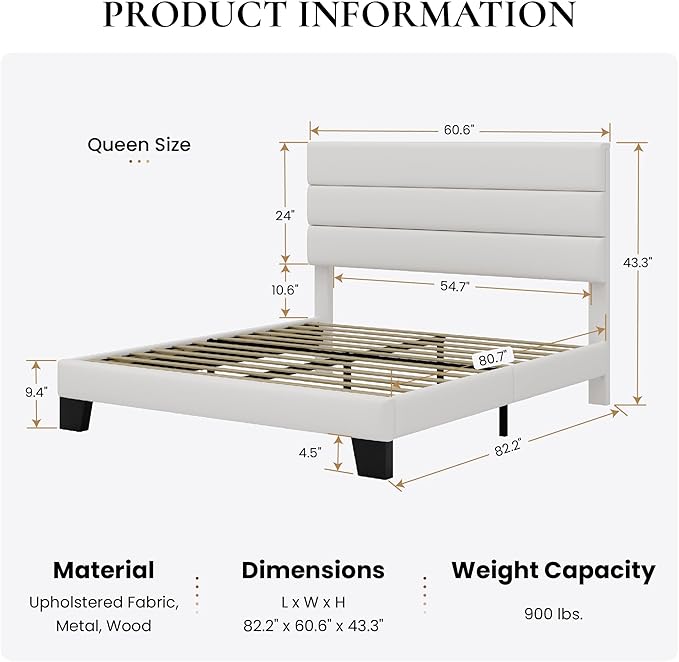 SHA CERLIN Queen Platform Bed Frame with Velvet Upholstered Headboard, Mattress Foundation with Strong Wooden Slats Support, No Box Spring Needed, White