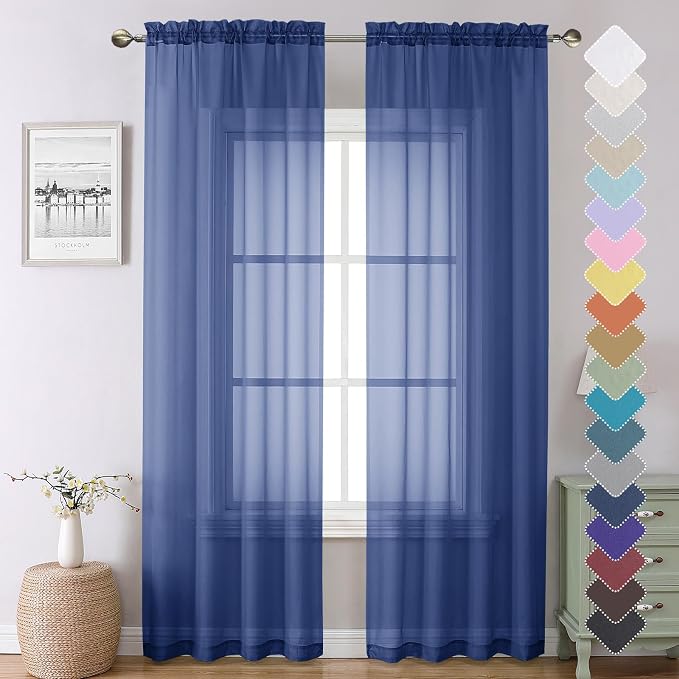 Royal Blue Sheer Curtains 90 Inches Long 2 Panels, Living Room Curtains by Lecloud