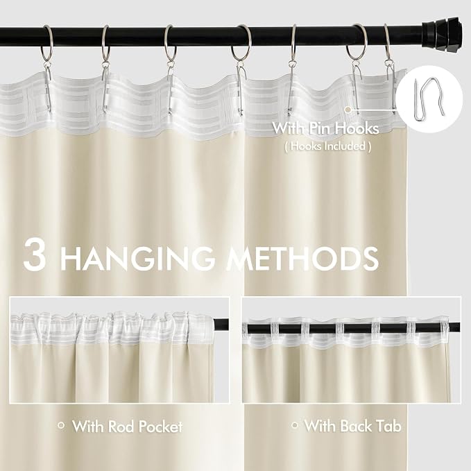 MIULEE Birch Back Tab Blackout Curtains 52x108 Inch Long 2 Panels Set | Rod - Image 3