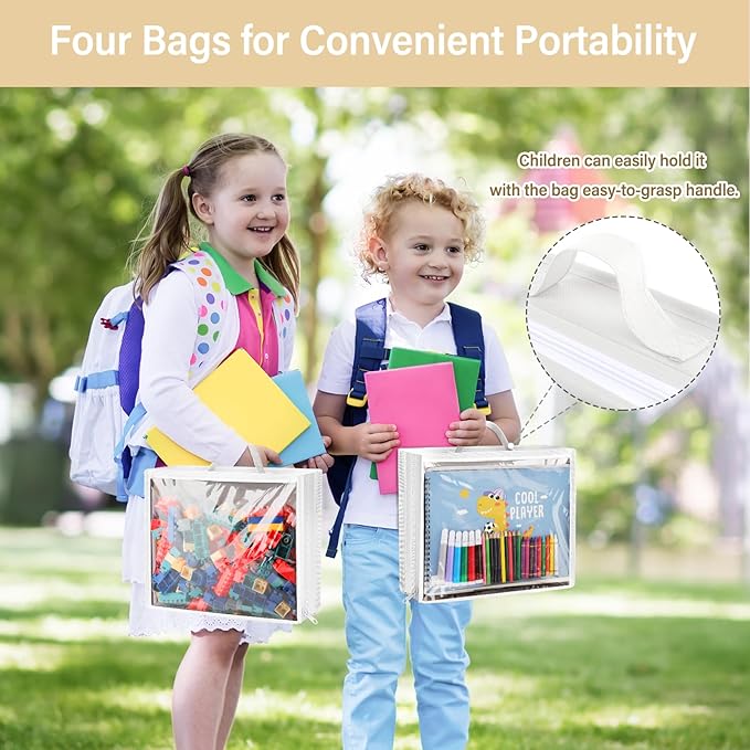 Hanging Toy Storage over Door, Block Stuffed Animal Organizer Idea with 4 Removable Case Bag, Bi-Fold Closet Holder with Mesh Pocket for Kid Boy Girl