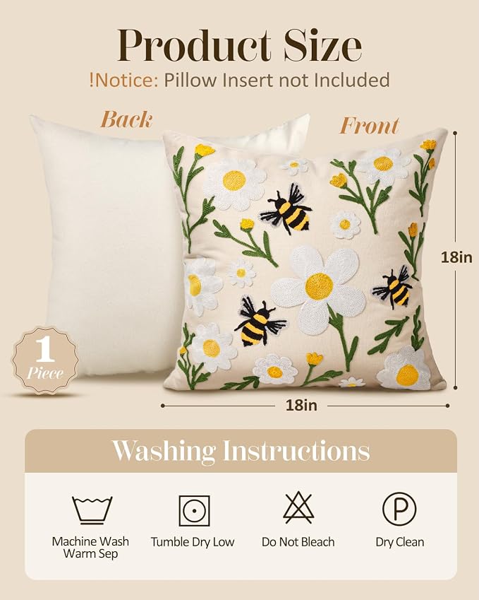 Embroidered Throw Pillow Cover 18x18 Inch, Flower Bee | Decorative Pillow Cover - Image 4