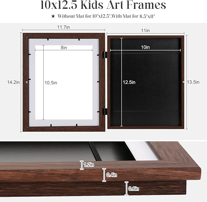 [3 Pack] Kids Art Frames, 10x12.5 Front Opening Kids Artwork Frames Changeable, Displays 8.5x11 With Mat and 10x12.5 Without Mat, Holds 50 Pcs, for 3D Picture, Crafts, Hanging Art, Portfolio Storage