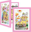 KINLINK A4 Kids Art Frames Set of 2, Solid Wood Kids Artwork Frames Changeable with Acrylic Front Opening Holds 150 Pictures, Art Frame for Kids Artwork with Mat or without Mat, Pink