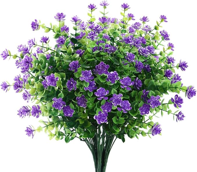 GREENRAIN Artificial Flowers Outdoor Fake Flowers for Decoration UV Resistant No Fade Faux Plastic Plants Garden Porch Window Box Décor (6 Bundles, 3#Purple)