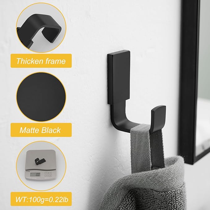 BESy Brass Clothes Hook Single Towel Hook for Bathroom Kitchen Garage Square Style Robe Hooks Coat and Hat Hook, Self Adhesive with Glue or Wall Mounted with Screws, Two Packs, Matte Black