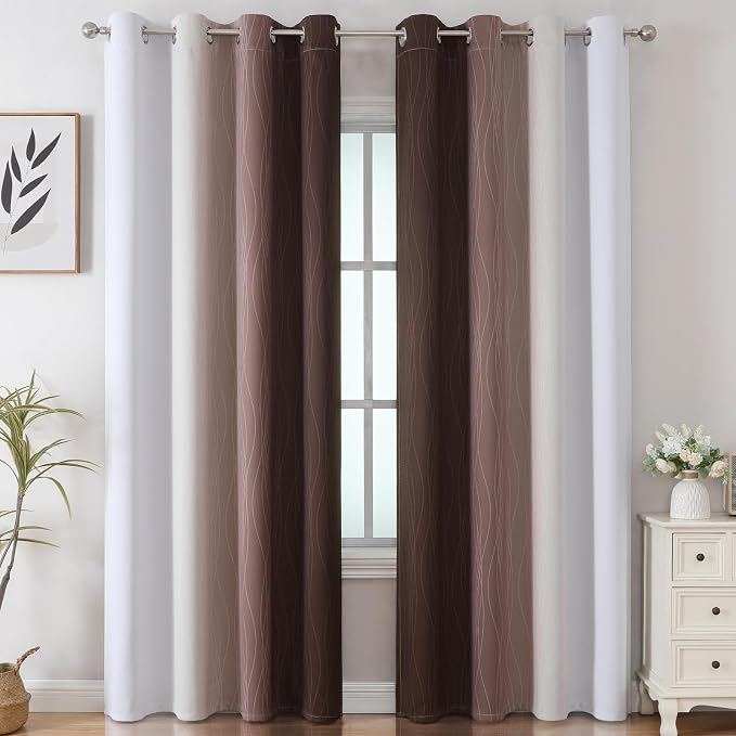 Brown and Greyish White Blackout Curtains 52x108 2 Panels | Ombre Curtains - Image 2