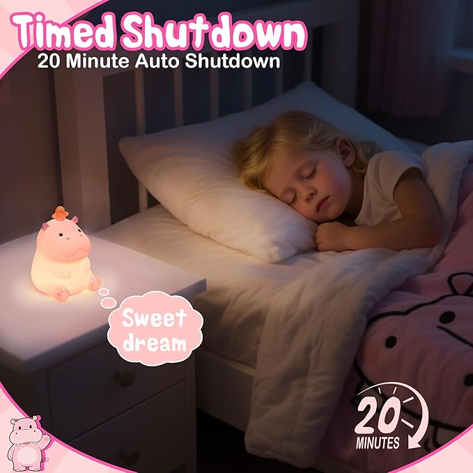 Cute Hippo Gifts for Kids,Pink Hippo Night Light, Dimmable Silicone Animal Nursery Night Light, Adorable Rechargeable Squishy Touch Lamp, Hippopotamus Gifts for Boys Girl Baby Room Decor