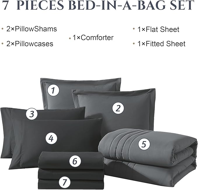 Monbix King Size Comforter Set - 7 Pieces Bed in a Bag King, Grey Bedding Sets with Comforter, All Seasons Down Alternative Comforter Bed Set with Sheets, Pillowcases & Shams