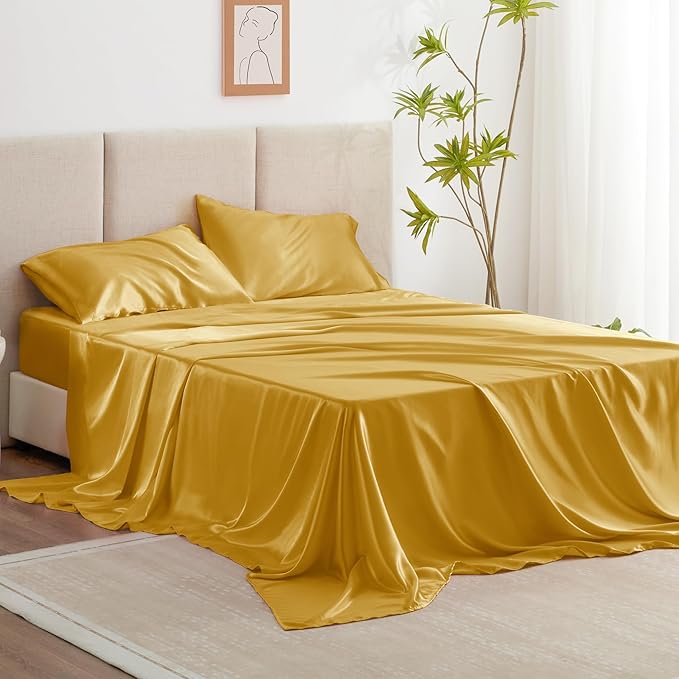 Love's cabin Satin Queen Sheets Set - 4 Piece Gold Silky Bed Sheets with Deep Pocket, Luxury Silk Feel Satin Queen Size Sheet Set (1 Flat Sheet,1 Fitted Sheet,2 Pillow Cases)