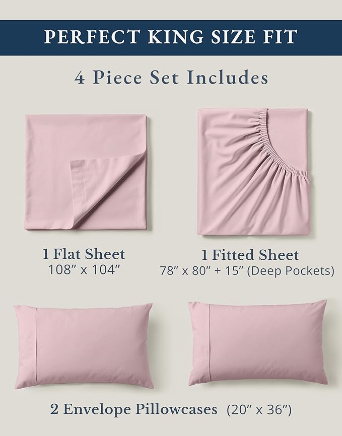 LANE LINEN 100% Organic Cotton King Size Sheets Set, Machine Washable Fully Elasticized Low Pill Fade Resistant Cotton Sheets, Soft & Comfy Percale Eco Friendly All Season sábanas King -Sepia Rose
