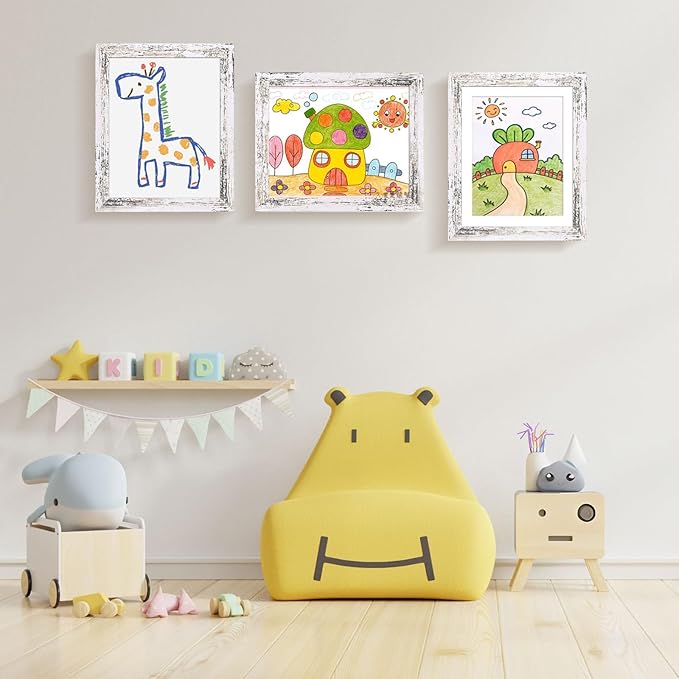 KINLINK 10x12.5 Kids Art Frames Set of 2, Solid Wood Kids Artwork Frames Changeable with Acrylic Front Opening Holds 150 Pictures, Art Frame for Kids Artwork with Mat or without Mat, Rustic White