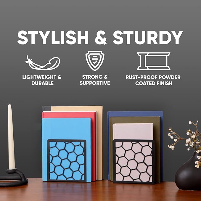 GEOMOD Geometric Honeycomb Black Metal Bookends Decorative - Tall Sturdy Book Ends for Shelves - Modern Heavy Duty Bookend Stopper - Office or Home Book Shelf Book Holder - 6x3.25x6.25 Inches - 2 Pair