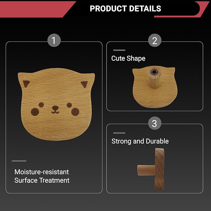 4PCS Wooden Cat Shaped Cabinet Knobs, Cabinet Handles, Single Hole Beech Wood Handles, Wood Hooks with Full Set of Screw Accessories